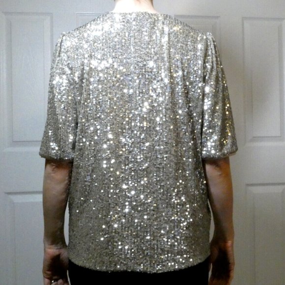 NWT Silver Blouse Sequin Top M&S Valentine Day, Dinner, Dance, Party Events Sz 8 - Picture 2 of 11